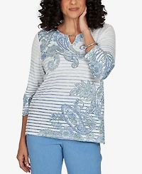 Alfred Dunner Petite Provence Paisley Stripe Split Neck Top