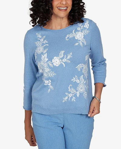 Alfred Dunner Petite Provence Lacey Floral Embroidered Sweater