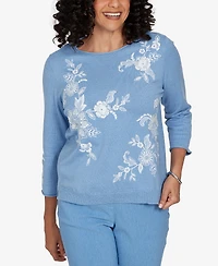 Alfred Dunner Petite Provence Lacey Floral Embroidered Sweater