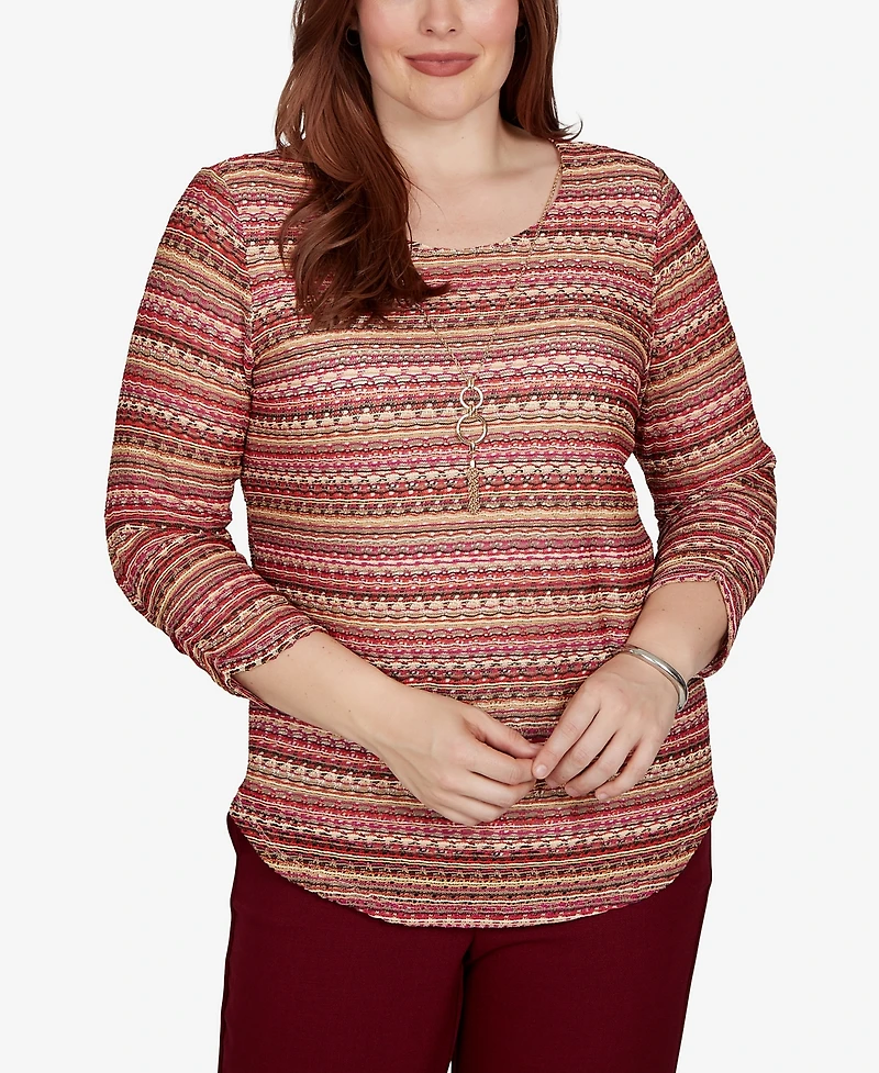 Alfred Dunner Petite Union Square Spacedye Biadere Stripe Top With Necklace