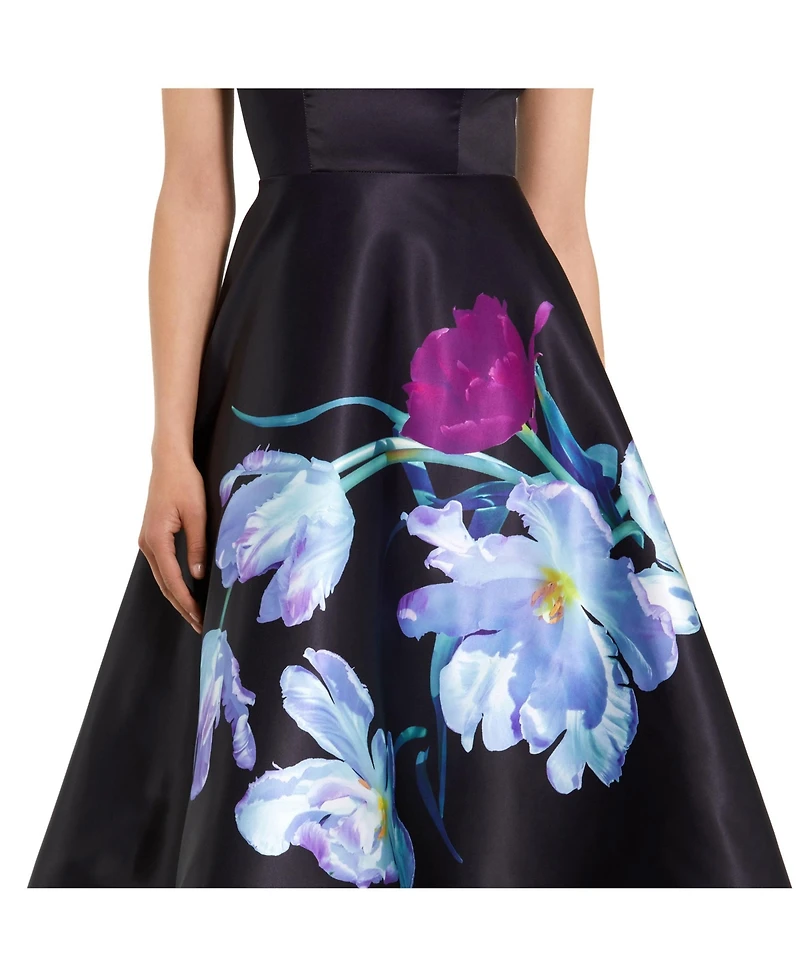 Mac DuggalWomen's Floral Print Cap Sleeve Satin Midi Dress