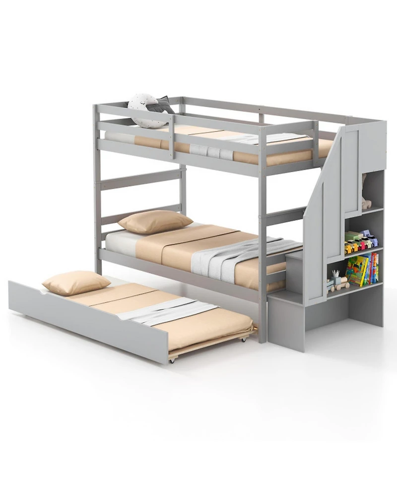Gouun Twin Over Twin Bunk Bed with Trundle and 4-Step Storage Stair Tower