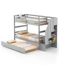 Gouun Twin Over Twin Bunk Bed with Trundle and 4-Step Storage Stair Tower
