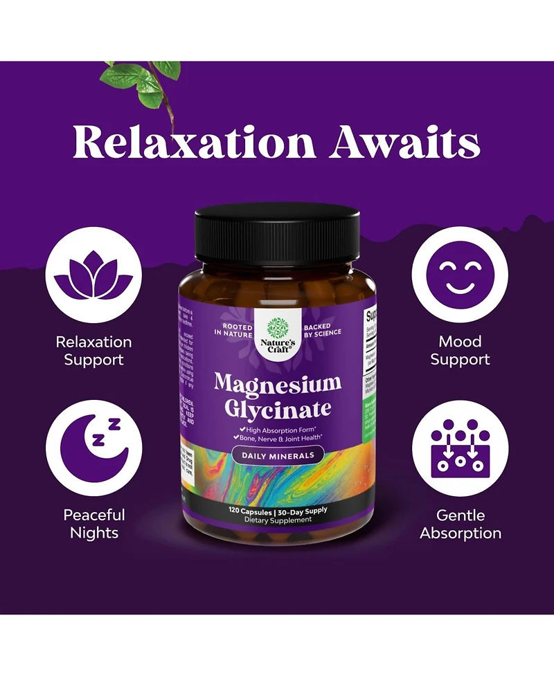 Nature's Craft High Absorption Magnesium Glycinate 500 Milligram Capsules, Supports Sleep, Mood and Muscle Relaxation, , Non-gmo, 120 Count