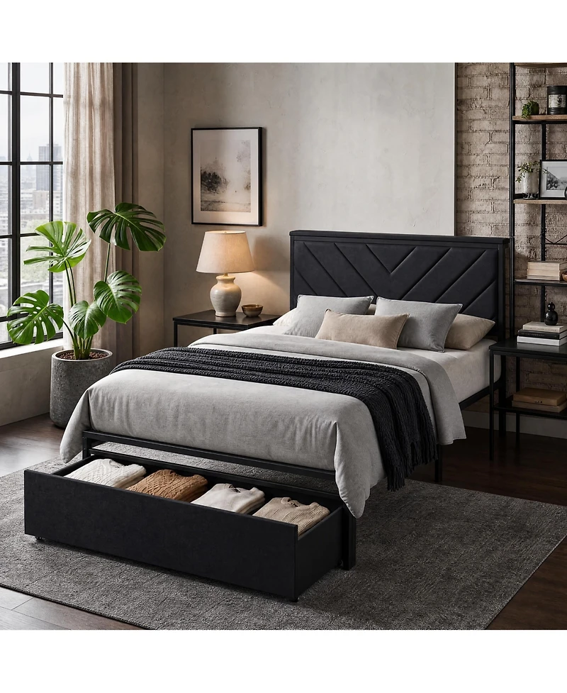 homfan Set of 2 Upholstered Twin Platform Bed Frame with Charging Station Headboard and Storage Drawers, Metal