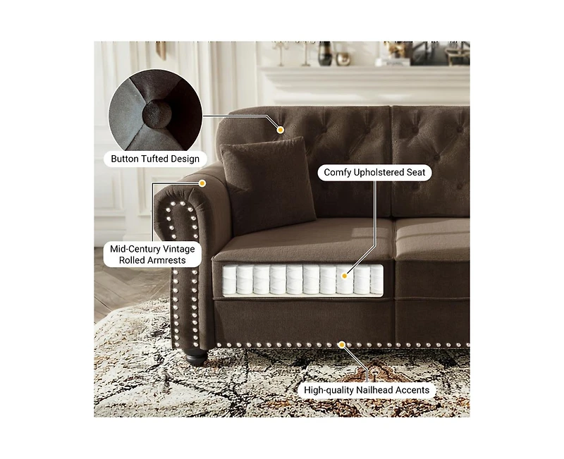 Rainsken 63" Mid-Century Velvet Sofa, Button Tufted Couch with Nailhead Trim, Rolled Armrests and 2 Pillows for Living Room, Apartment, Small Space