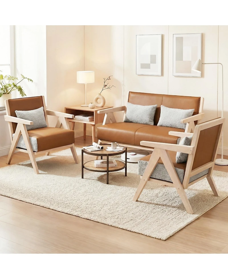 Costway 3 Piece Living Room Furniture Set with Rubber Wood Frame, Padded Seat