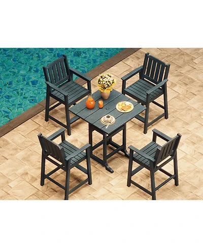 homfan 5-Piece Outdoor Bar Set – Square Table with Umbrella Hole and 4 Armrest Stools, All-Weather Hdpe Furniture for Backyard and Deck