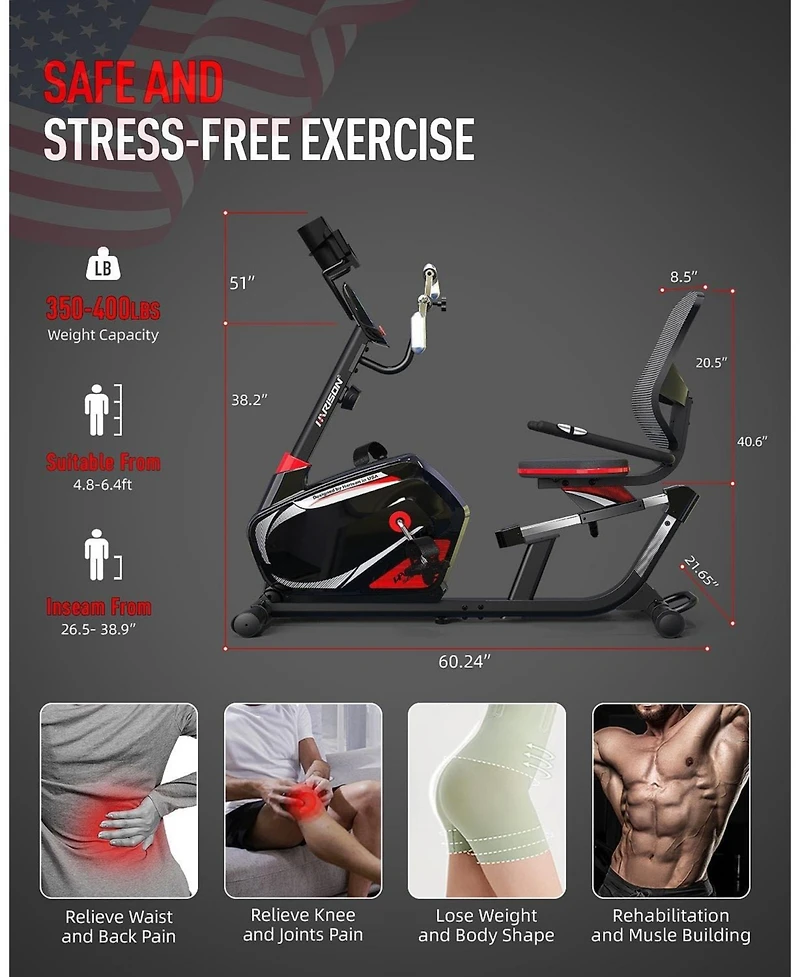 harison Hr-B8A Recumbent Exercise Bike 400 lb Capacity with Arm Exerciser, Magnetic 16-Level Resistance, 2-in-1 Lcd Monitor and Tablet Holder