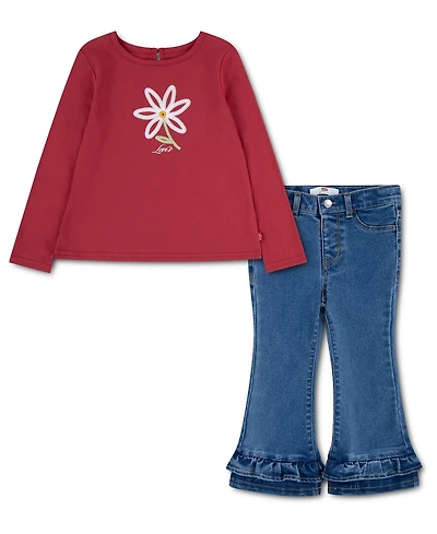 Levi's Girls' 4-6X Jersey Top and Ruffle Flared Leg Pants, 2-Piece Set