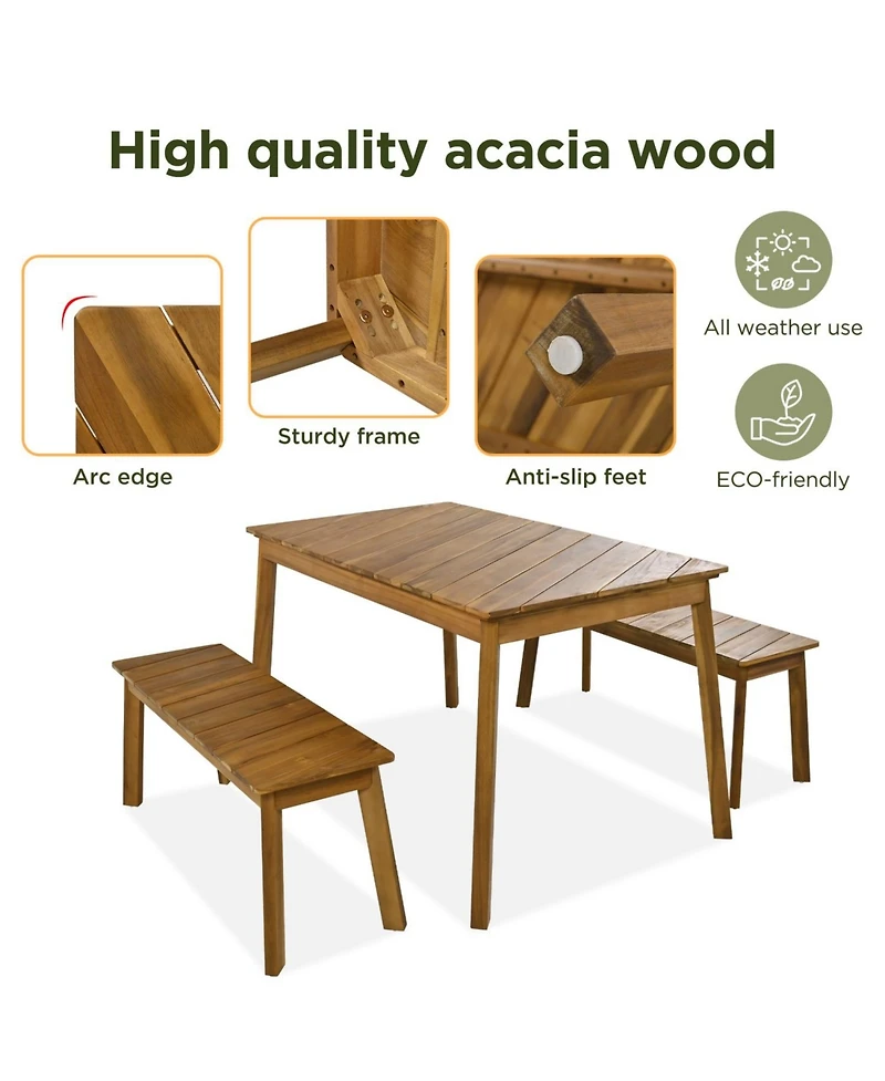 Asagikoiai 3-Piece Acacia Wood Outdoor Dining Table Set with 2 Benches