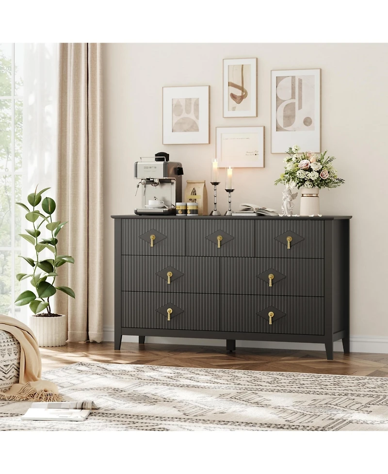 homfan Modern Fluted 7-Drawer Dresser, 54" Wide Wood Chest, Bedroom Storage Organizer Cabinet, Metal Handles, Versatile for Living Room, Hallway
