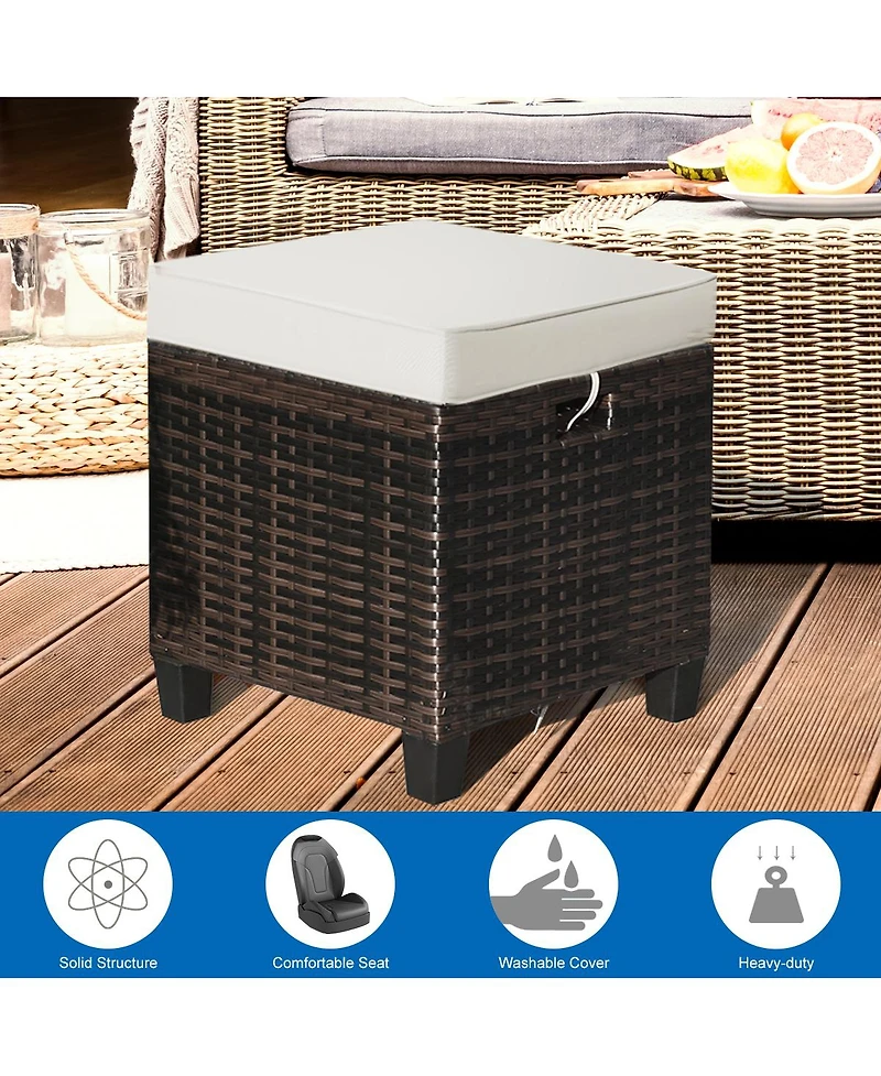 Costway 2 Piece Patio Rattan Ottoman Cushioned Seat Foot Rest Coffee Table