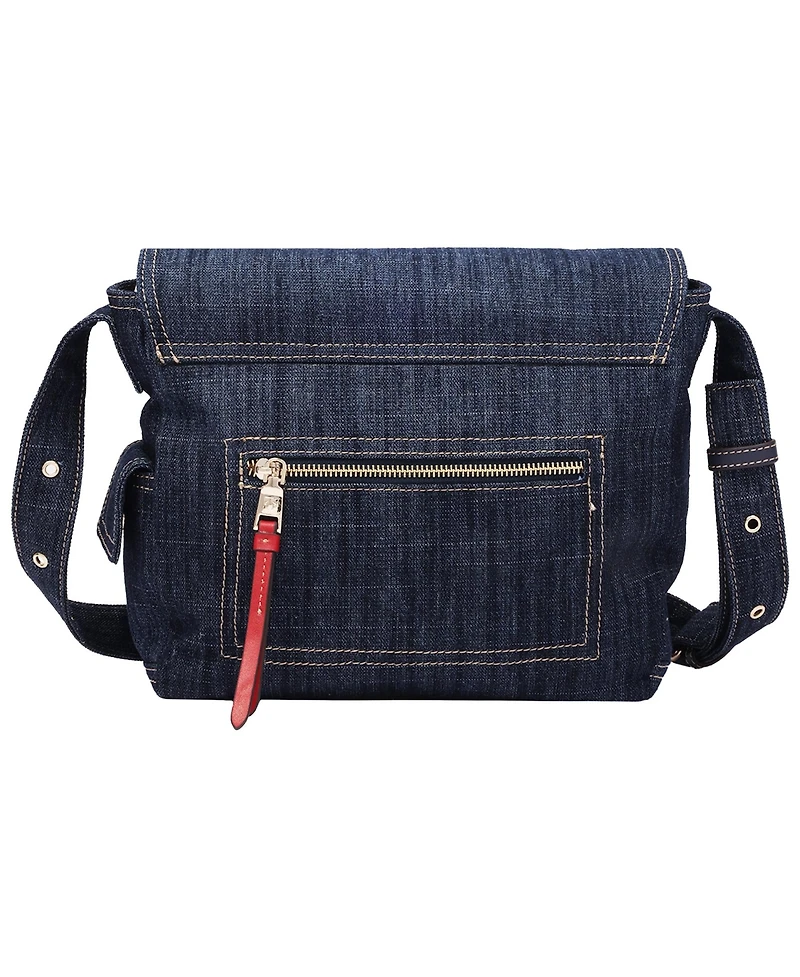 True Religion Women's Varsity Logo Zip Pocket Denim Messenger Bag – Dark Denim Crossbody Bag