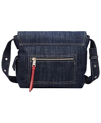 True Religion Women's Varsity Logo Zip Pocket Denim Messenger Bag – Dark Denim Crossbody Bag