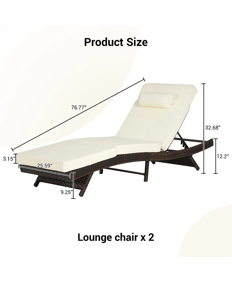 Asagikoiai Set of 2 Wicker Outdoor Chaise Lounge Chair with Cushions, Adjustable Patio Lounger