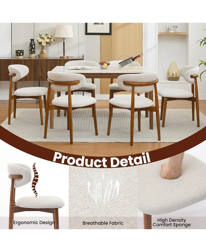 homfan Wooden Dining Chairs Set of 6, Mid Century Modern Fabric Upholstered Dining Room Chair, Farmhouse Kitchen Side Chairs with Wood Legs