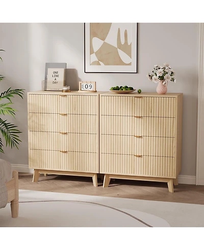 homfan 2 Set of Modern Closet Fluted Wood 4 Drawer Dressers for Bedroom Living Room Hallway Closet