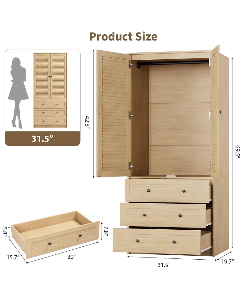 homfan Freestanding Bedroom Wardrobe, 2-Door Closet with Hanging Rod and 3 Drawers, Melamine Finish Storage Cabinet, Idea For Bedroom, Living Room