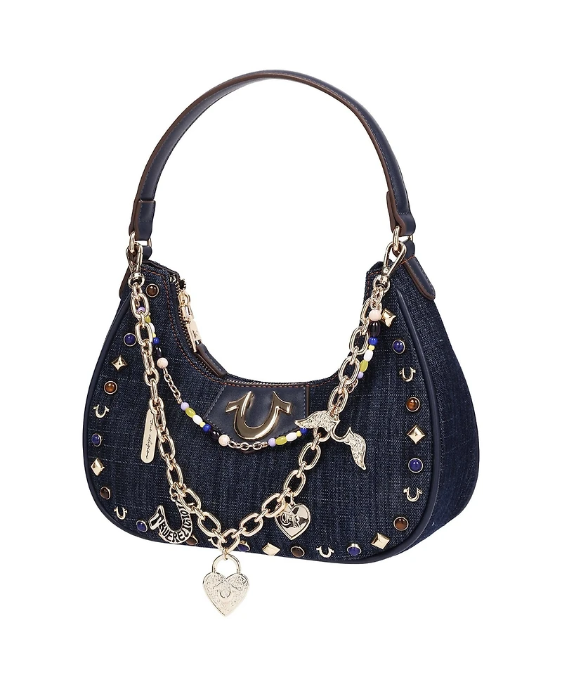 True Religion Women's Studded Denim Shoulder Bag with Removable Charm Chain
