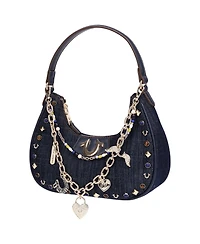 True Religion Women's Studded Denim Shoulder Bag with Removable Charm Chain