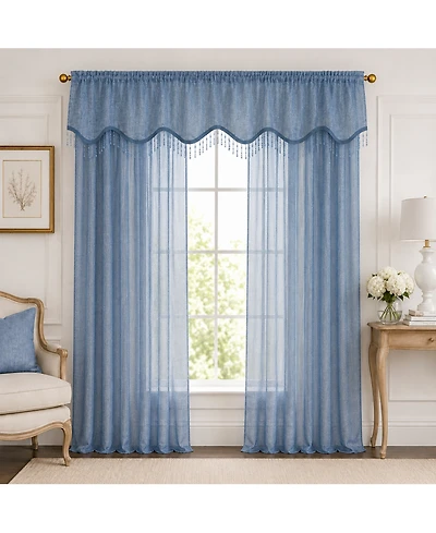 Kate Aurora Gina Complete 4 Piece Blue Metallic Sheer Window Curtains And Beaded Valances Set