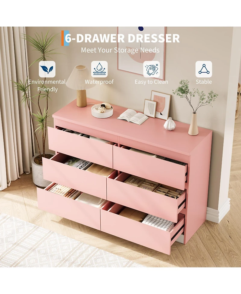 homfan Modern Wide Wooden 6 Drawer Double Dresser, Deep Storage Chest, Anti-Tip, Elegant Organizer for Bedroom, Girls, Nursery, Entryway