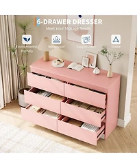 homfan Modern Wide Wooden 6 Drawer Double Dresser, Deep Storage Chest, Anti-Tip, Elegant Organizer for Bedroom, Girls, Nursery, Entryway