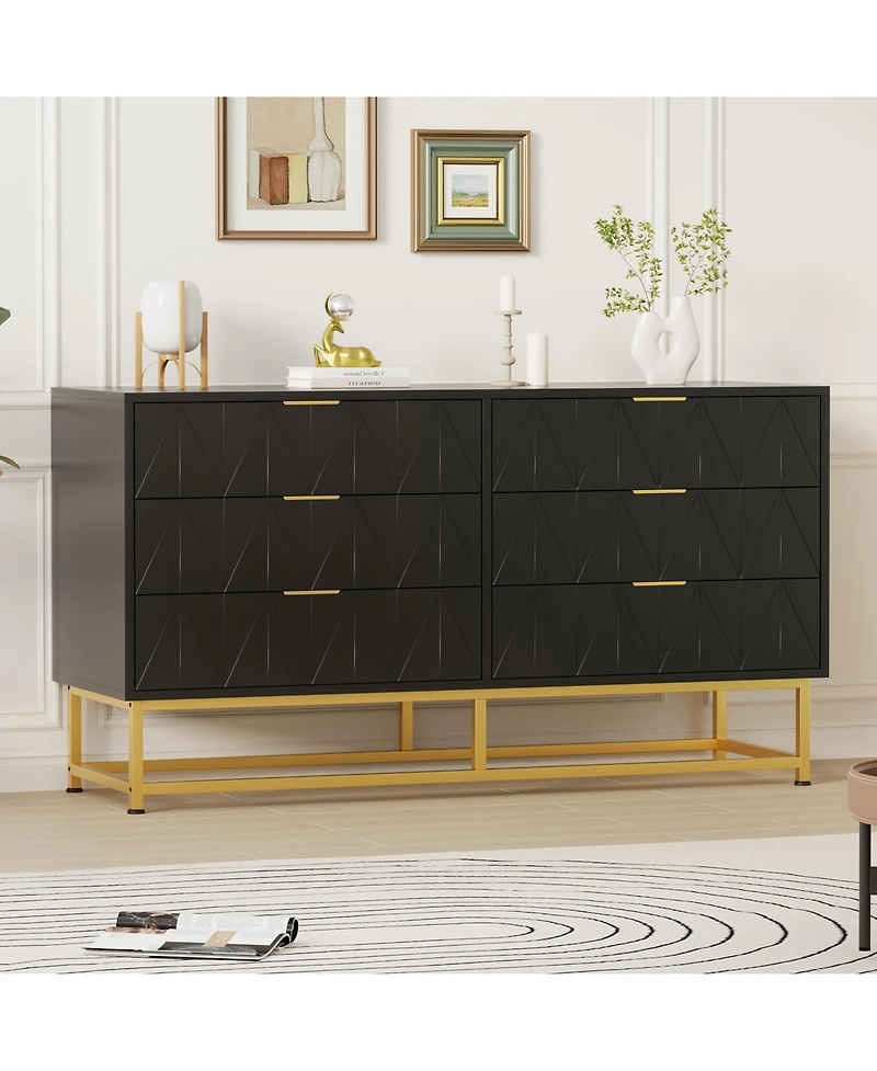 homfan Modern 6 Drawer Dresser Furniture, Wide Storage Chest with Wood Top, Metal Legs, Spacious Organizer for Bedroom, Living Room, Entryway