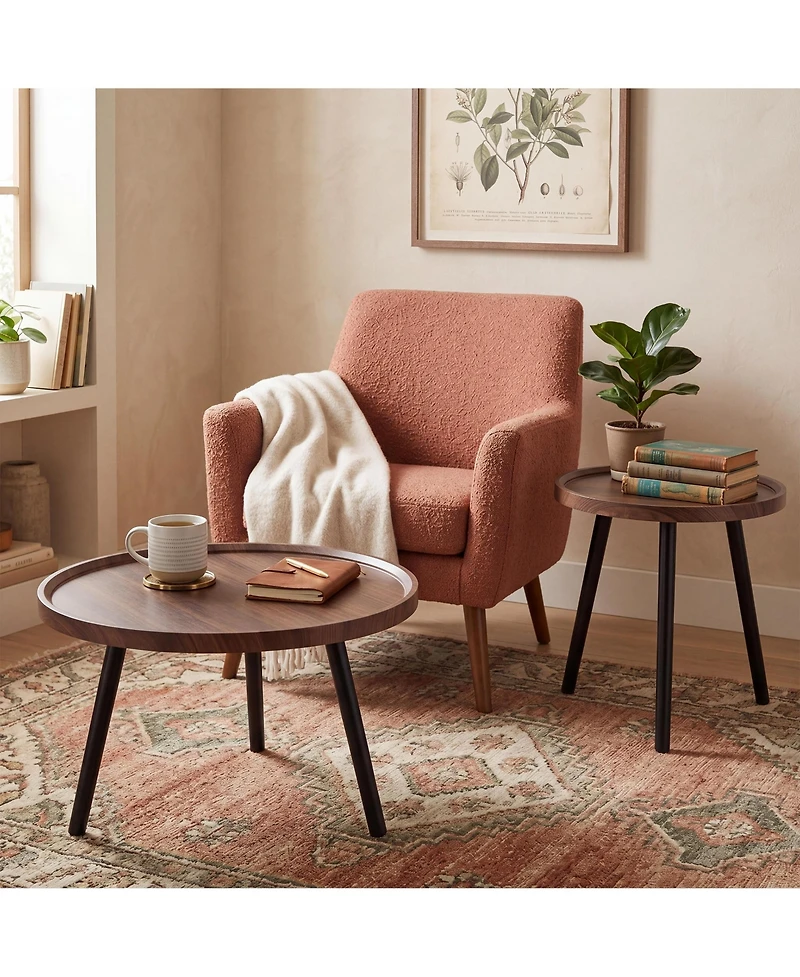 homfan Round Nesting Coffee Table Set of 2, Wood and Metal, Raised-Edge Accent Table