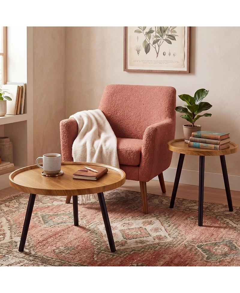 homfan Round Nesting Coffee Table Set of 2, Wood-Grain and Metal Accent Table, Warm Wood Finish