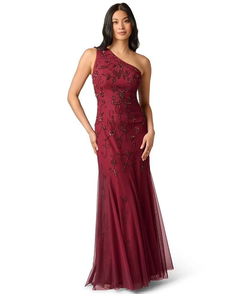 Adrianna Papell Women's One-Shoulder Beaded Godet Gown