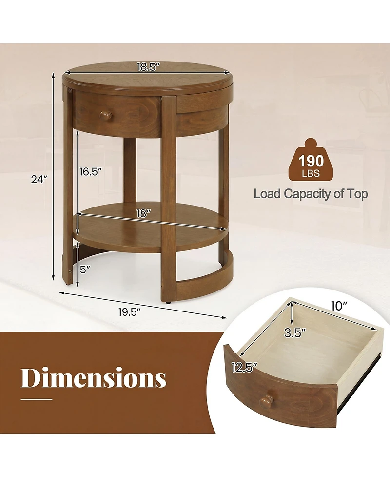 Gymax Round End Table 2-tier Mid Century Modern Nightstand with Drawer and Shelf