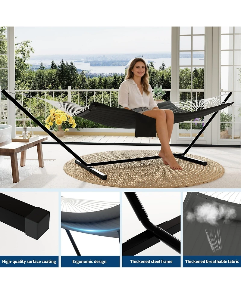 homfan Double Hammock with Stand for Outside –450 Lbs Capacity with Pillow and Balance Rope for Patio, Backyard or Poolside