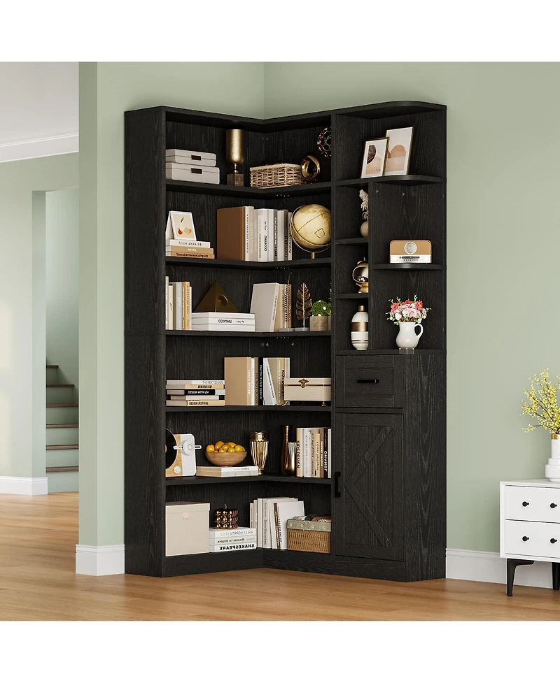 homfan 74'' Tall Corner Bookshelf, 6-Tier Book Shelf with Drawer and Cabinets, l-Shaped Bookcase Open Storage Shelves Modern Display for Home