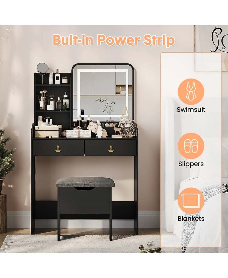 homfan Makeup Vanity Set with Lights, Small Desk with Upholstered Stool, Dressing Table with 2 Drawers and 3-Tier Shelves for Bedroom, 3 Light Modes
