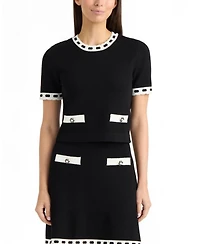 Ellen Tracy Women's Honeycomb-Stitch Contrast-Trim Short-Sleeve Sweater