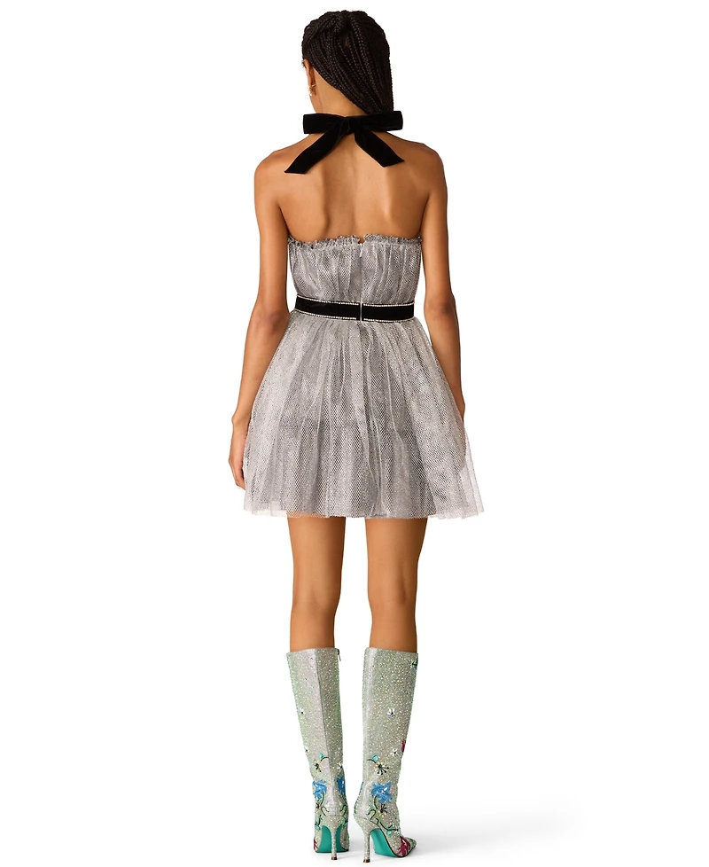 Betsey Johnson Juniors' Halter Open-Back Glittering Tulle Mini Dress