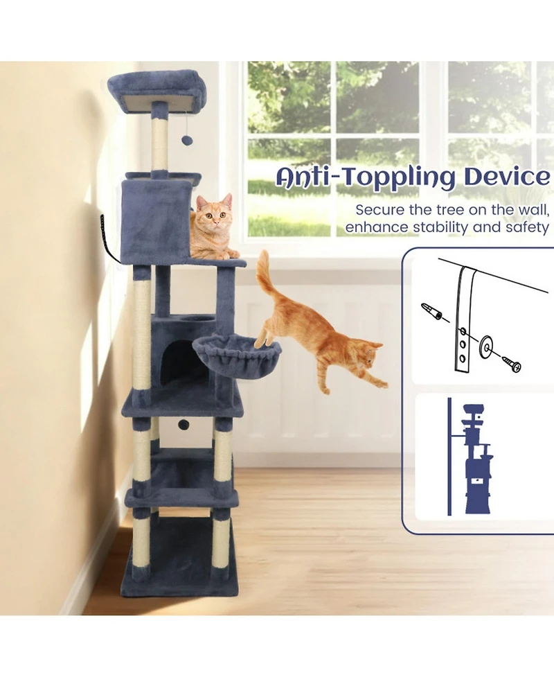 Hongge 80 Inch Cat Tree with 2 Large Condos Hammock Basket and Sisal Scratching Posts