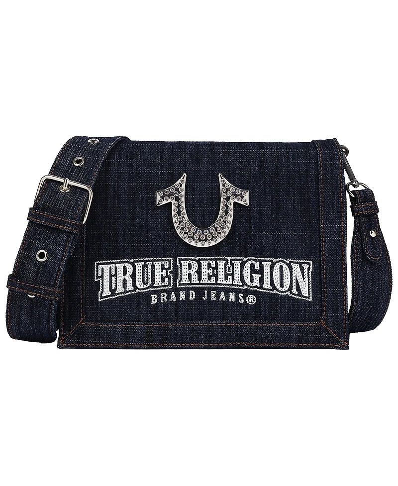 True Religion Bling Horseshoe Denim Messenger Bag with Adjustable Strap