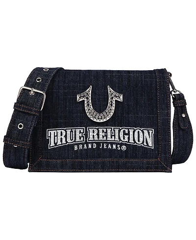 True Religion Bling Horseshoe Denim Messenger Bag with Adjustable Strap