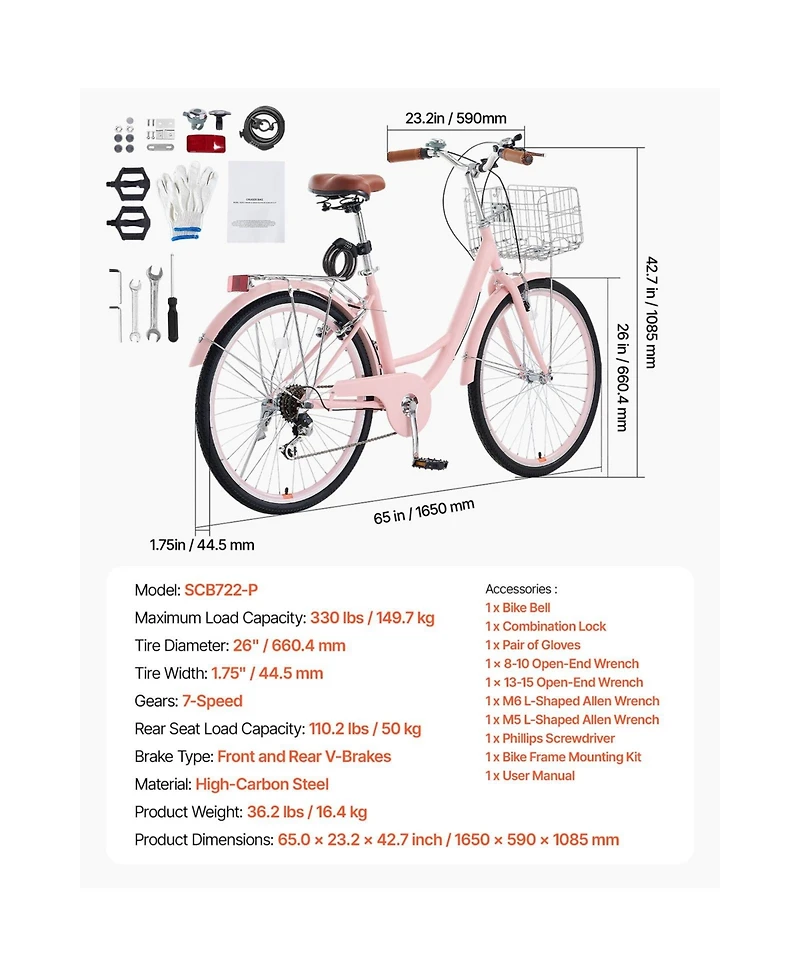 Sevorley 26 inch Pink Beach Cruiser Bike, 7-Speed with Basket and Rear Rack