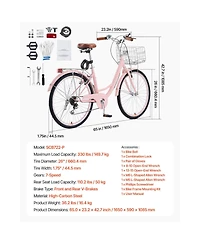 Sevorley 26 inch Pink Beach Cruiser Bike, 7-Speed with Basket and Rear Rack