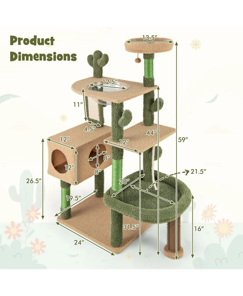 Hongge 59 Inch Multi-Level Cactus Cat Tree with Condo Space Capsule and Sisal Scratching Posts