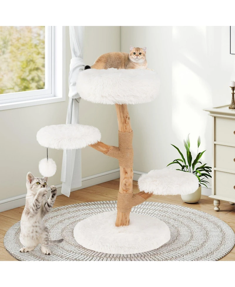 Hongge 35 Inch Solid Pear Wood Cat Tree with Plush Perch and Jute Scratching Posts