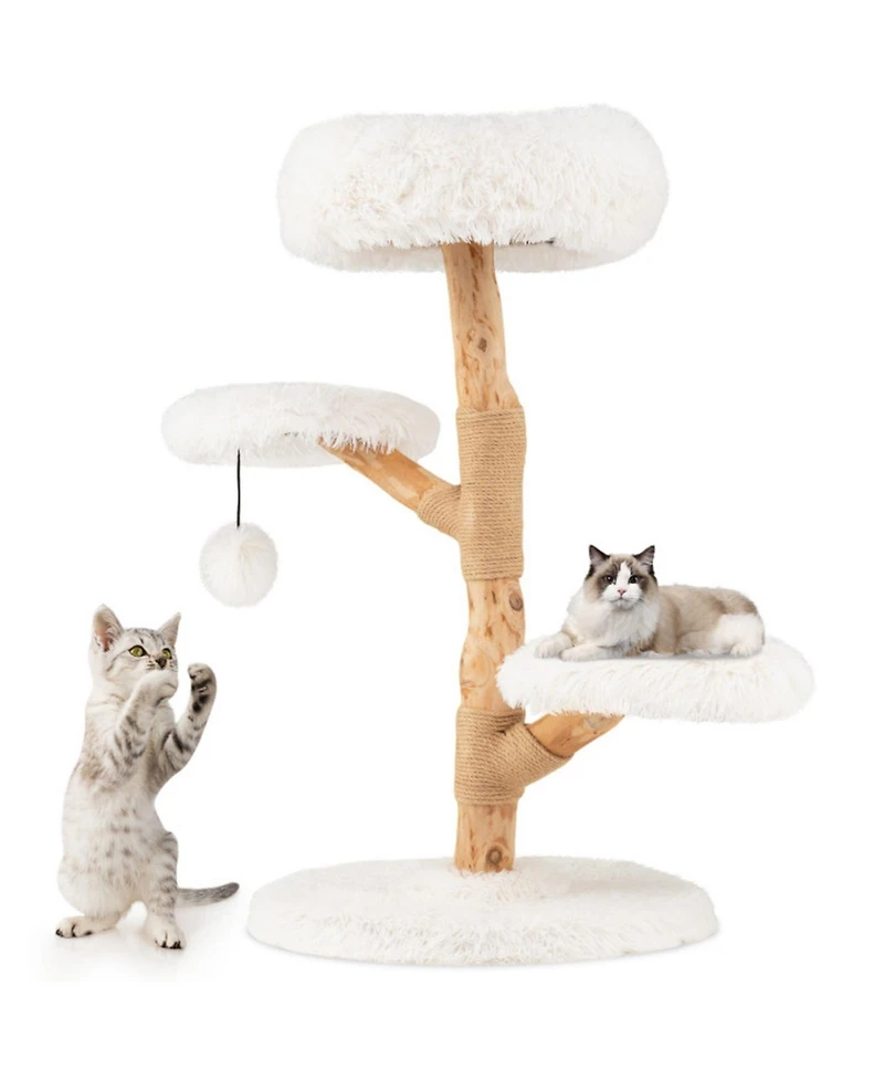 Hongge 35 Inch Solid Pear Wood Cat Tree with Plush Perch and Jute Scratching Posts