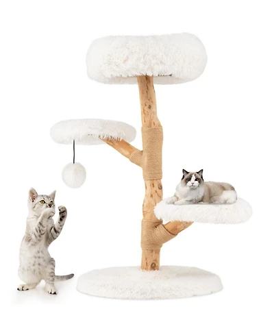 Hongge 35 Inch Solid Pear Wood Cat Tree with Plush Perch and Jute Scratching Posts