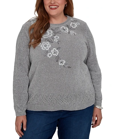 Alfred Dunner Plus Classic Embroidered Floral Textured Chenille Sweater
