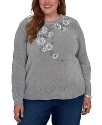Alfred Dunner Plus Classic Embroidered Floral Textured Chenille Sweater