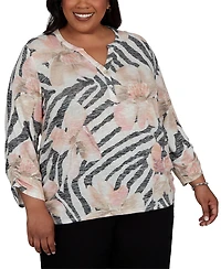 Alfred Dunner Plus Travel Advisory Animal Floral Henley Top